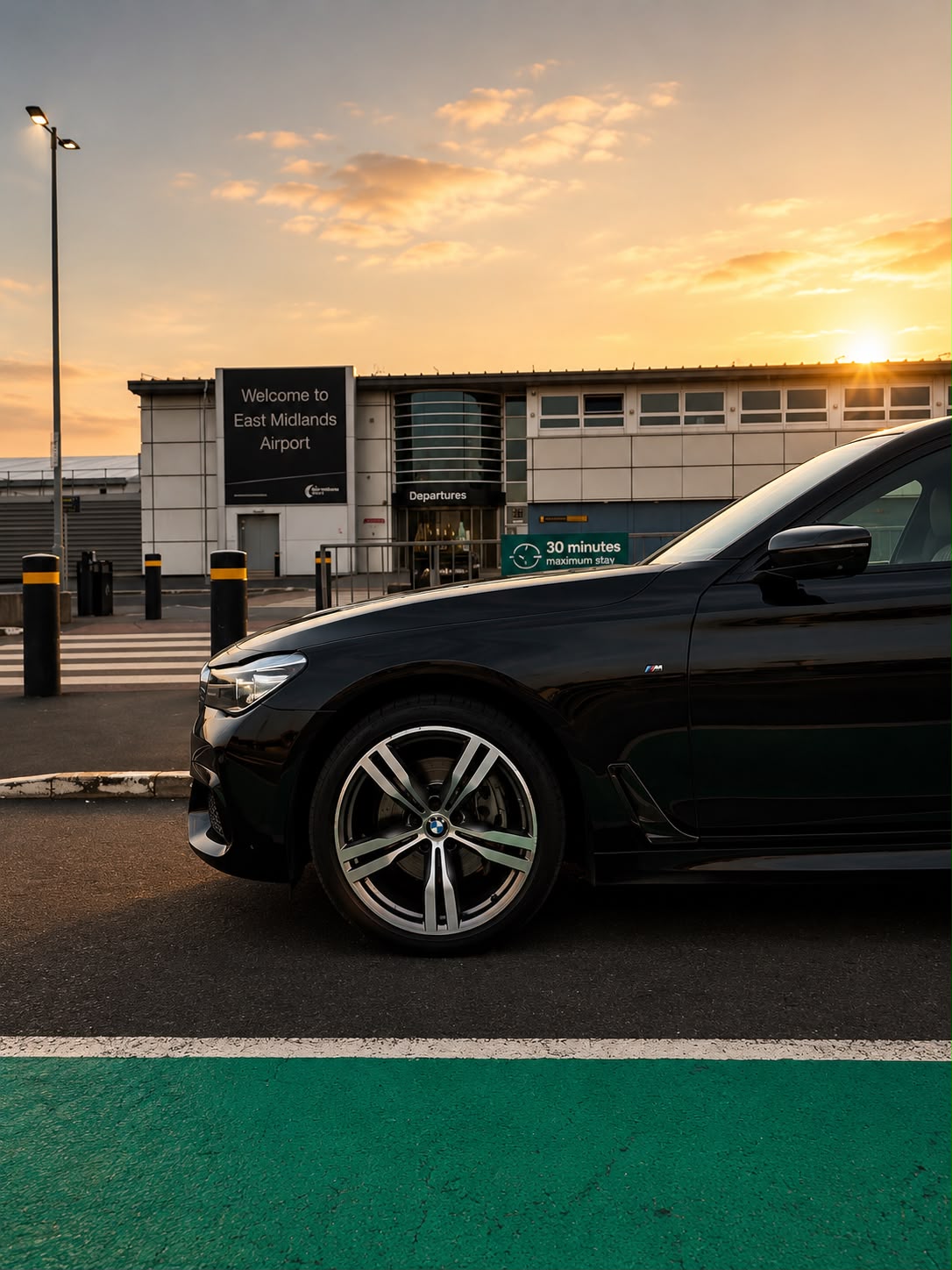 Black BMW outside East Midlands Airport at sunset